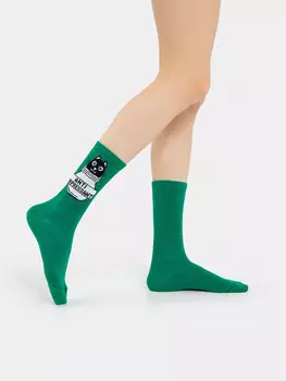Носки женские зеленые с рисунком в виде котика и надписи