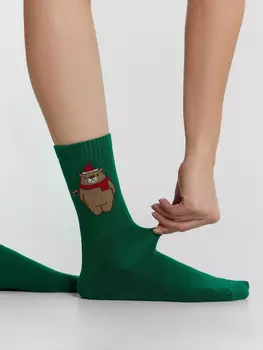 Носки женские зеленые с узором в виде мишки