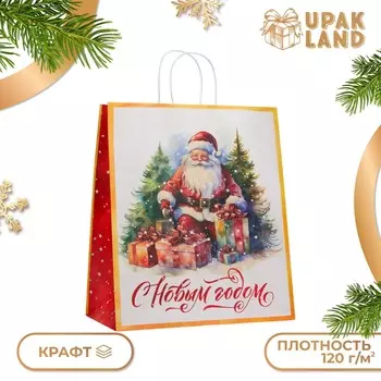 Пакет бумажный подарочный новогодний крафт