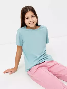 Однотонная хлопковая футболка голубого цвета для девочек