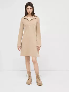 Однотонное платье с длинными рукавами бежевого цвета из селаника
