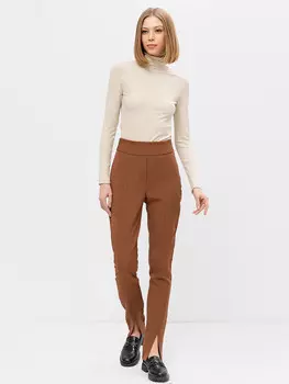 Однотонные прилегающие брюки женские с разрезами в коричневом цвете