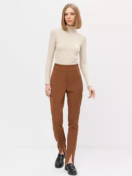 Однотонные прилегающие брюки женские с разрезами в коричневом цвете