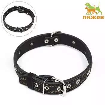 Ошейник кожаный двухслойный безразмерный, 64 х 3 см, ош 30-55 см, черный