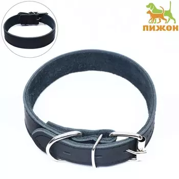 Ошейник кожаный двухслойный на замше, 2,5 см, ош 29-39, черный