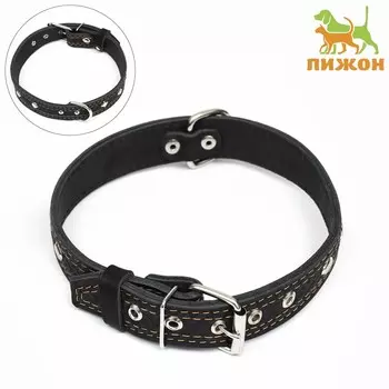 Ошейник кожаный двухслойный украшенный, 64 х 3 см, ош 40-55 см, черный