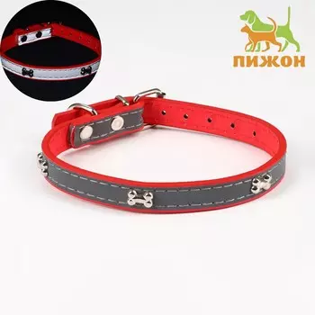 Ошейник с косточками светоотражающий, 37 х 1,3 см, ош 26-33, красный
