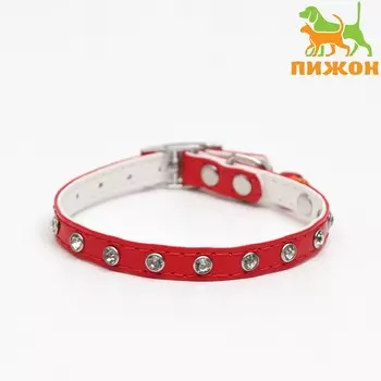 Ошейник с круглыми стразами,28 х 1 см, ош 21-25 см, искусств. кожа, красный