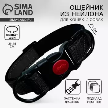 Ошейник с подкладом из нейлона с фастексом 2,5 см, ош 31-48 см, черный