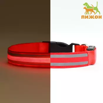 Ошейник с подсветкой двойная полоса размер s, ош 35-432.5 см, 3 режима свечения красный