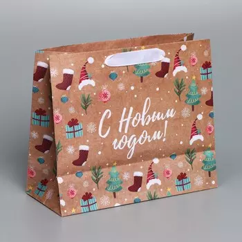 Пакет подарочный новогодний крафтовый горизонтальный