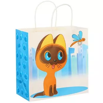 Пакет подарочный, 22х22х11 см, крафт, упаковка, котенок гав