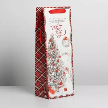 Пакет новогодний подарочный под бутылку крафтовый