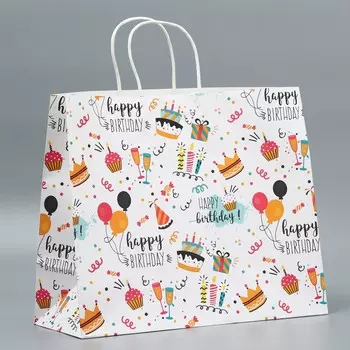 Пакет подарочный крафтовый, упаковка, happy birthday, 32 х 28 х 15 см