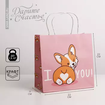 Пакет подарочный крафтовый, упаковка, i love you, 22 х 22 х 11 см