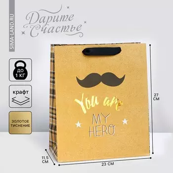 Пакет подарочный крафтовый вертикальный, упаковка, you are my hero, ml 23 х 27 х 11.5 см