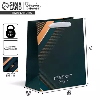 Пакет подарочный ламинированный двухсторонний, упаковка, present for you, ml 23 х 27 х 11,5 см