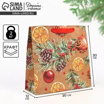 Пакет подарочный новогодний крафтовый квадратный