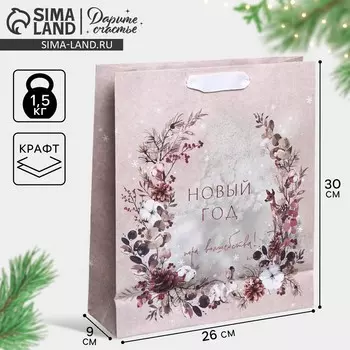 Пакет подарочный новогодний крафтовый вертикальный