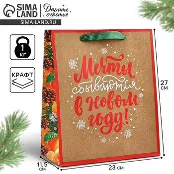 Пакет подарочный новогодний крафтовый вертикальный