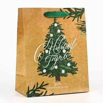 Пакет подарочный новогодний крафтовый вертикальный