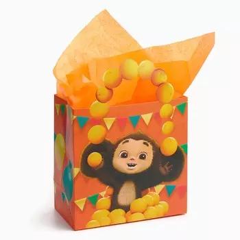 Пакет подарочный с упаковочной бумагой тишью, 22х22х12 см, чебурашка