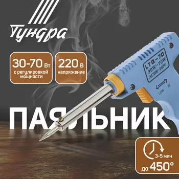 Паяльник-пистолет с регулировкой мощности тундра, 30-70 вт, 220 в