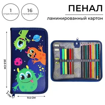 Пенал 1 секция, 115 х 205 мм, с наполнением 16 предметов, calligrata