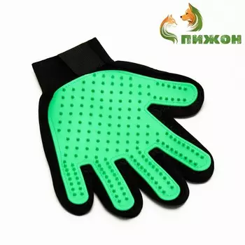 Перчатка-щетка для шерсти на левую руку из неопрена с удлиненными зубчиками, зеленая