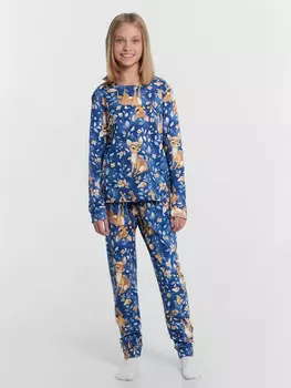 Пижама для девочек синяя с принтом