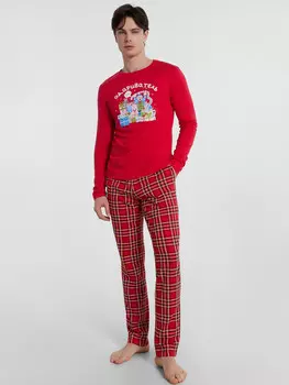 Пижама мужская красная с новогодним принтом и надписью