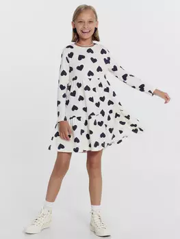 Платье для девочек молочное с черными сердечками