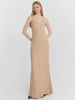 Платье макси женское бежевое с цветочным принтом