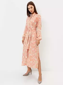 Платье женское бежевое из вискозы с принтом в виде листьев