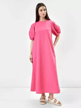 Платье женское макси с рукавами-фонариками в ярко-розовом цвете