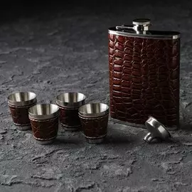 Подарочный набор 6 в 1, 2217 см, фляжка с темной кожей 240 мл, 4 рюмки, металл, коричневый, экокожа