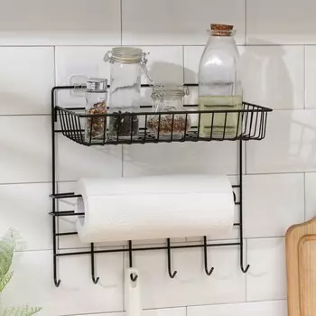Полка для кухни доляна, с держателем для полотенец, 6 крючков, черная