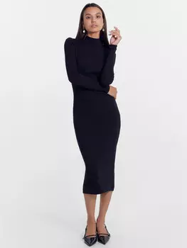Прилегающее платье в рубчик черного цвета с воротником-стойкой