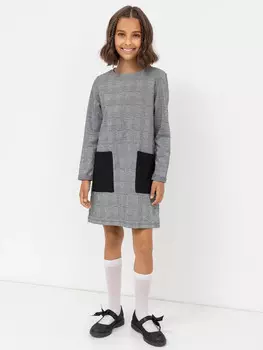 Прямое платье в клетку с накладными черными карманами для девочек