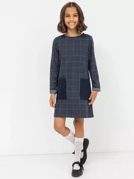 Прямое сине-серое платье с накладными карманами для девочек