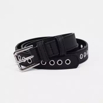 Ремень женский с люверсами, 1052.3 см, классическая пряжка металл, серебристая, черный