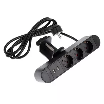 Удлинитель на струбцине luazon, 16 а, трехместный, 2xusb, 2.1 a, провод 1,8 метра, черный