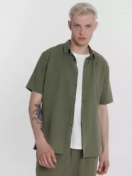 Рубашка мужская оливково-зеленая из хлопка и льна