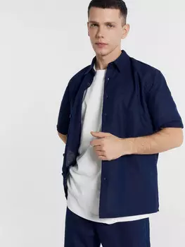 Рубашка мужская темно-синяя из хлопка и льна