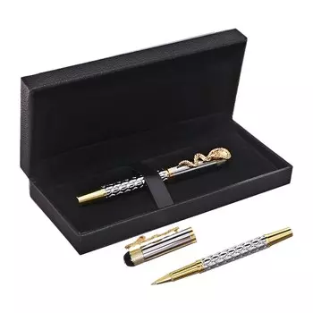 Ручка подарочная роллер в кожзам футляре змея корпус золото/серебро