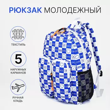 Рюкзак школьный на молнии, с карманами, в клетку, размер 301443 см, белый/синий