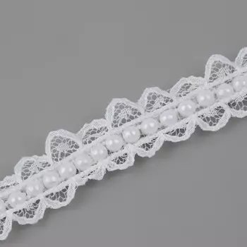 Рюш кружевной, с бусинами, 17 мм, 4,5 ± 0,5 м, цвет белый
