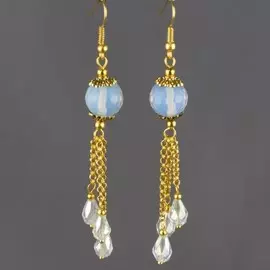 Серьги "водопад" лунный камень, хрусталь