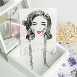 Серьги со стразами girl, дорожка двойная, цвет белый в серебре