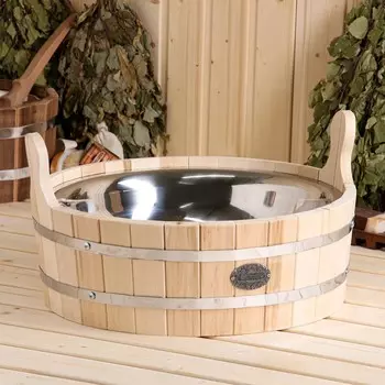 Шайка из липы, 9 л, круглая, нержавеющая вставка,